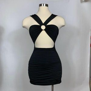 Women's Black Sleeveless Stretchy Double layered O Ring Dress